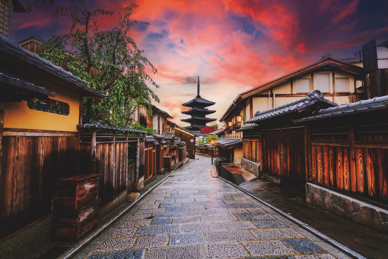 Beautiful morning at Yasaka Pagoda and Sannen Zaka Street in summer, Kyoto, Japan. Yasaka Pagoda is the famous landmark and travel attraction of Kyoto.